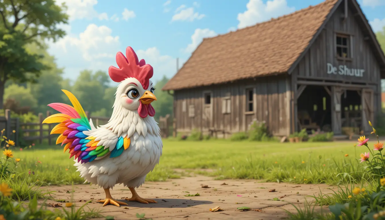 Cute rainbow chicken with drag queen by old farm barn