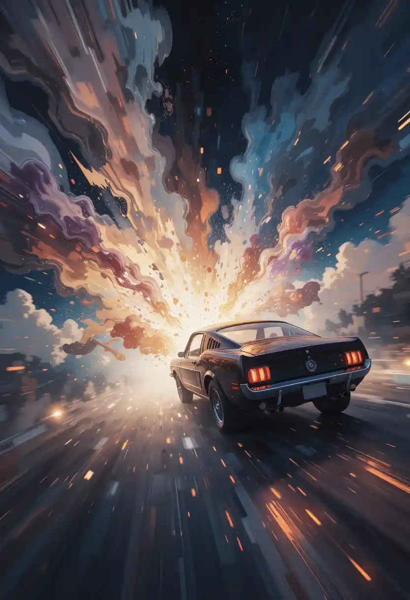 Abstract color explosion in zero gravity above a car