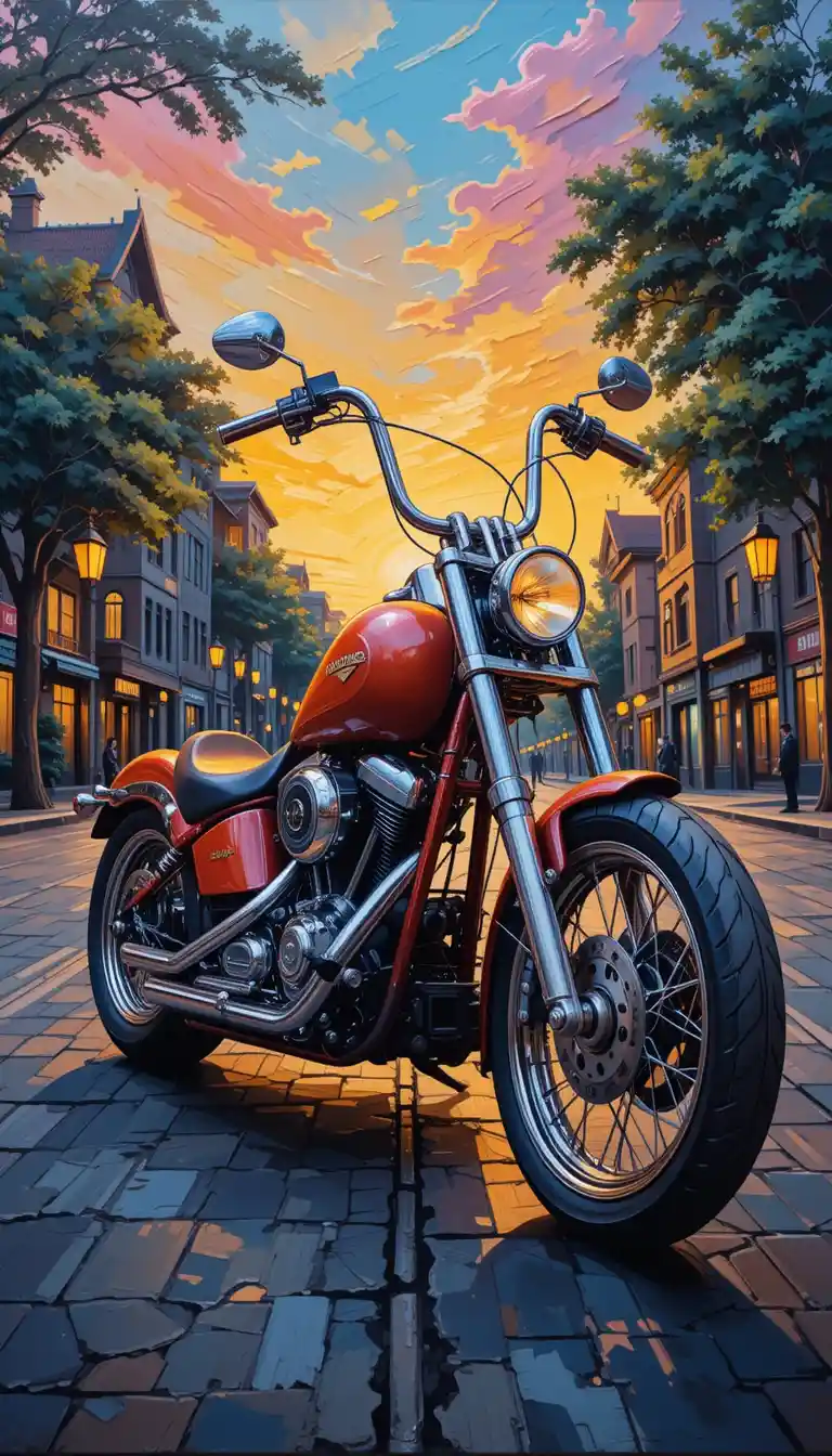 Retro chopper motorcycle oil painting in city at sunset