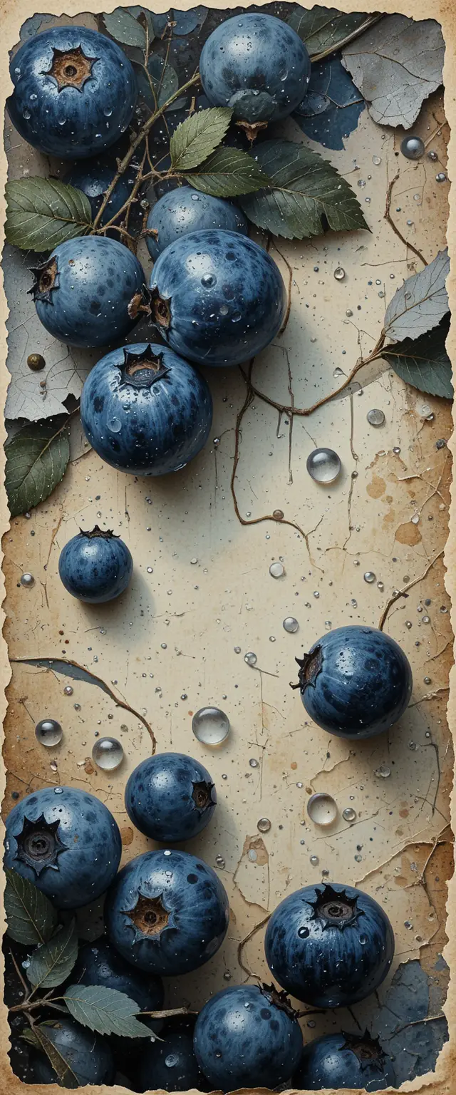 Retro collage of fresh blueberries with water droplets