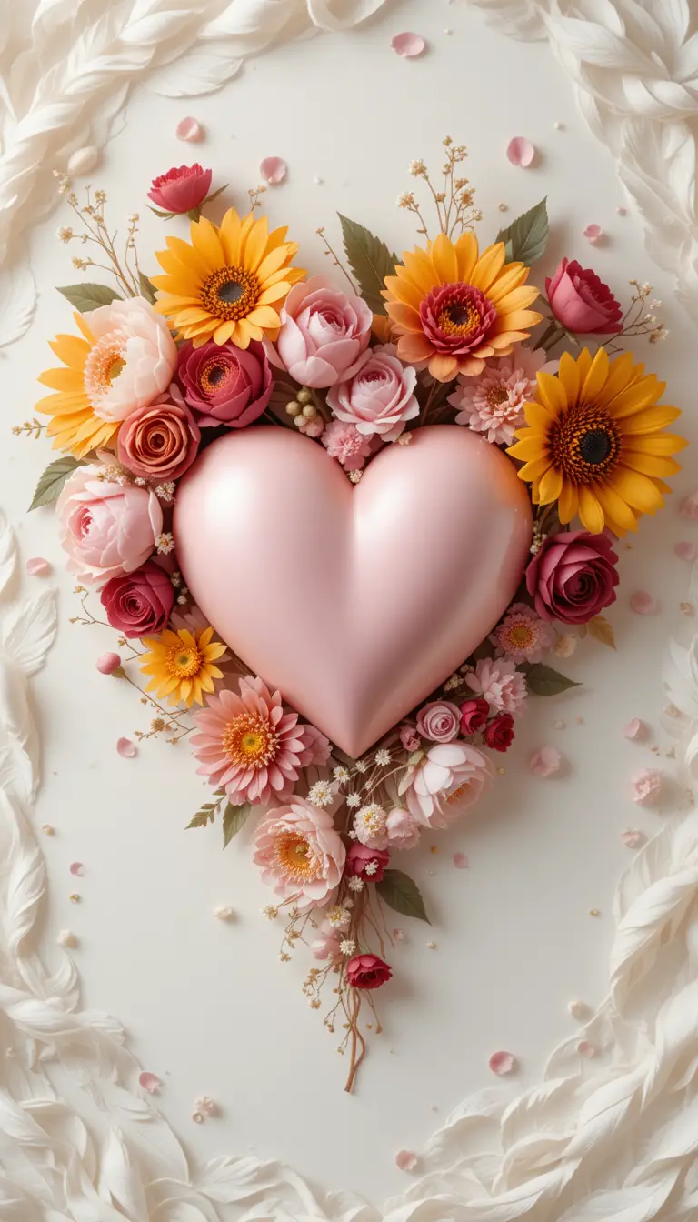 3d heart surrounded by colorful romantic flowers