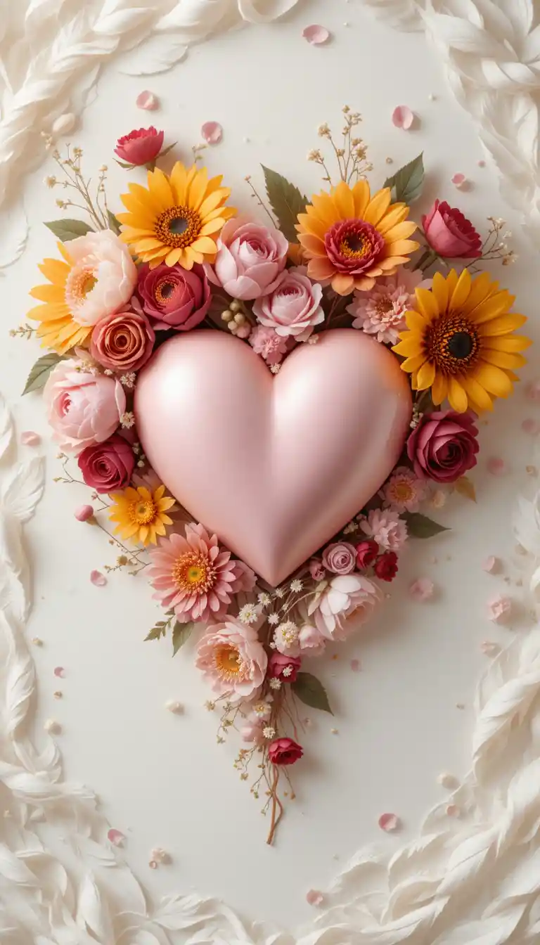 3d heart surrounded by colorful romantic flowers