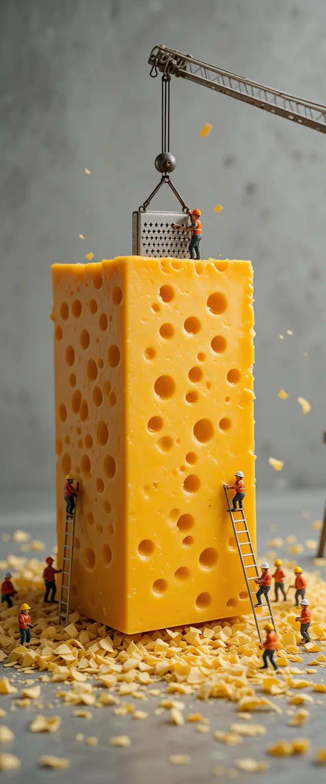 Tiny workers carving a giant swiss cheese block