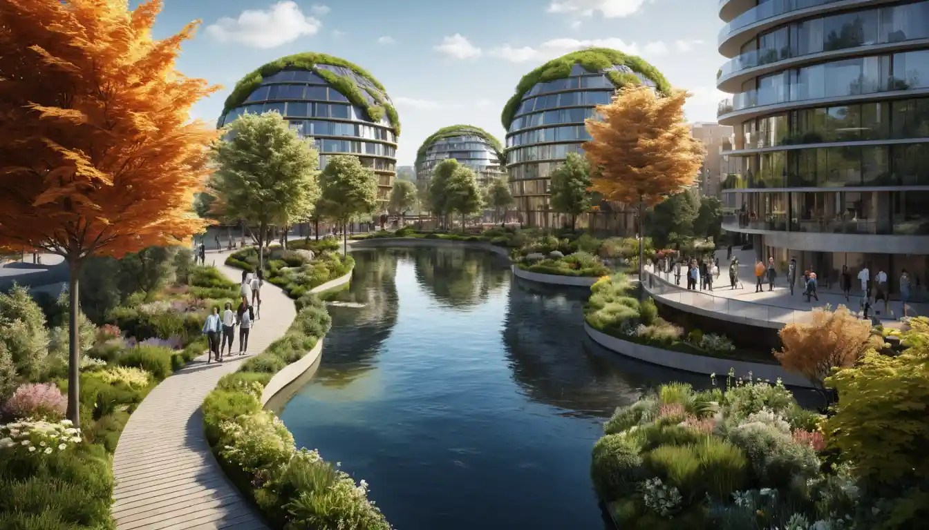 Futuristische kreisförmige Stadt mit Park im Sonnenuntergang und Fluss