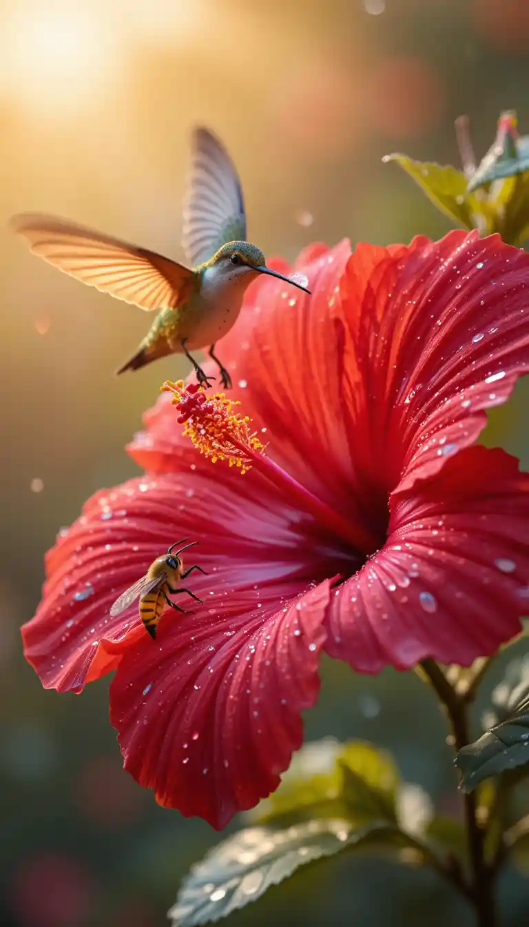 Hummingbird Feeding From Red Hibiscus With Dewdrops
