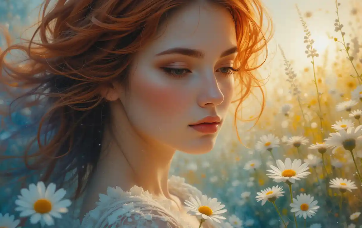 Red haired woman standing in a romantic flower field