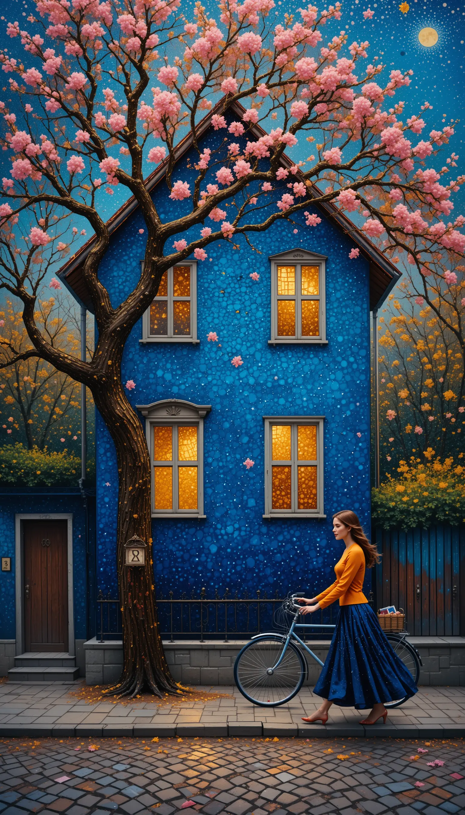 Pointillist dreamy street scene with woman and bicycle