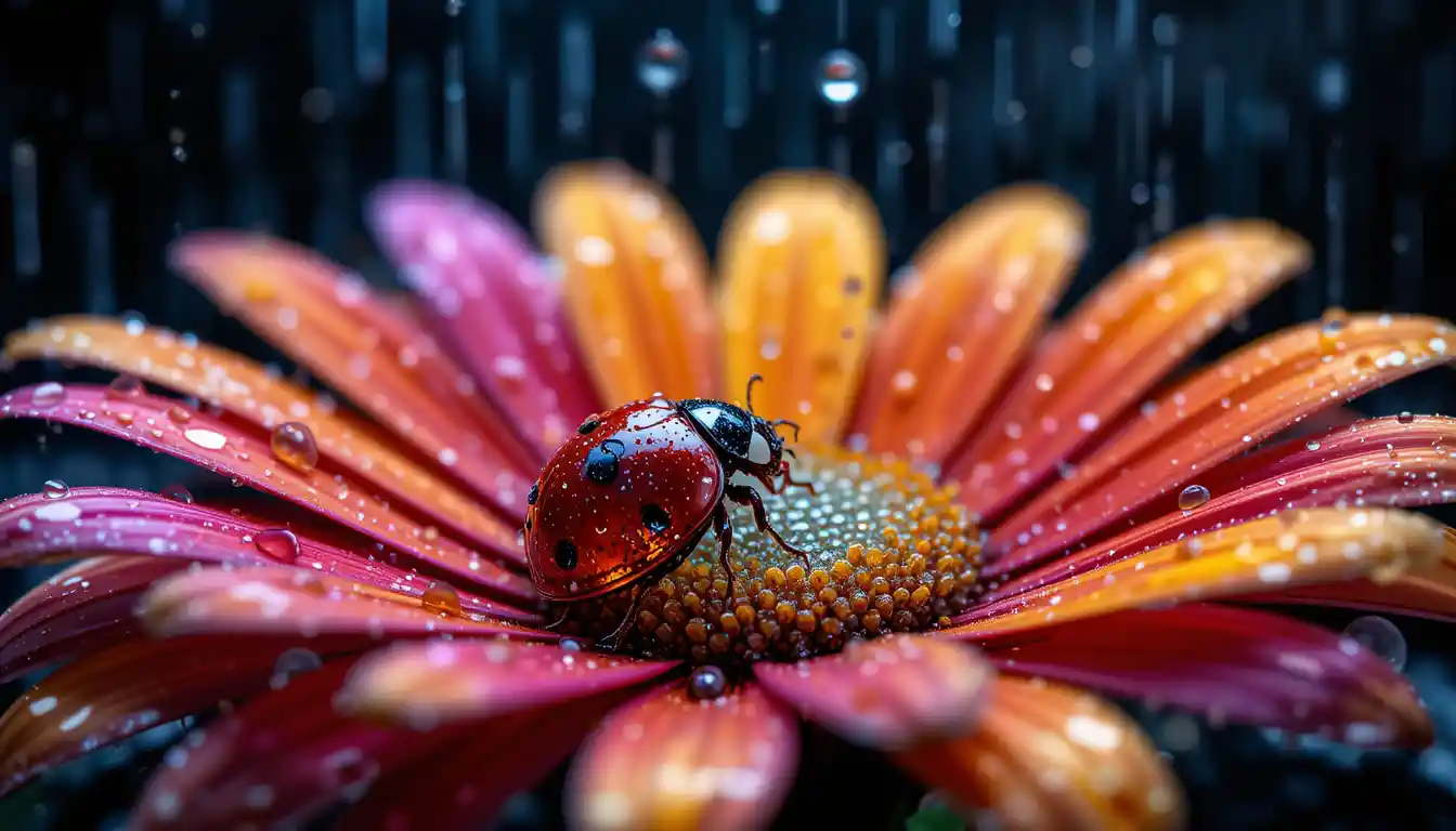 Crystal ladybug under colorful daisy in the rain
