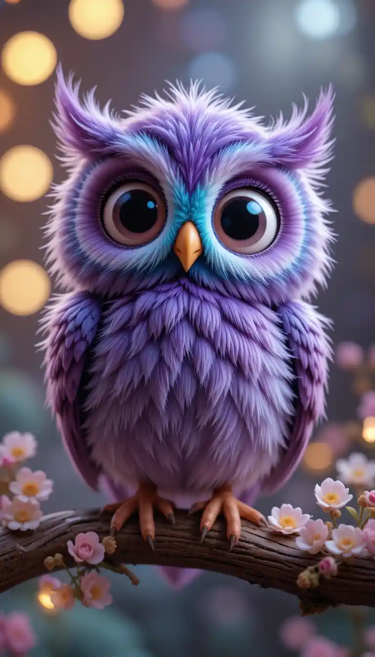 Playful 3D cartoon owl sitting on a blooming branch