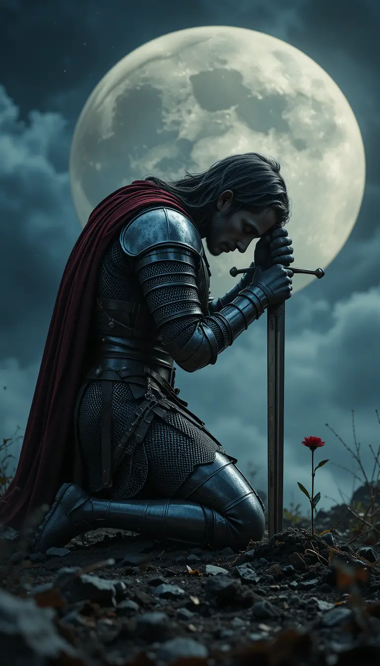 Weary Medieval Knight Kneeling Beneath A Vast Full Moon