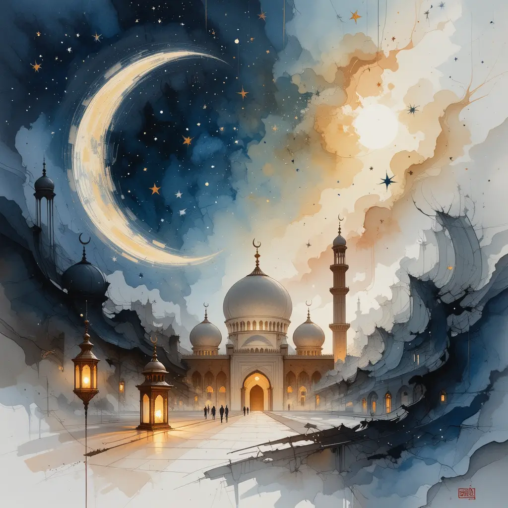 Abstract watercolor Ramadan scene with mosque and lanterns