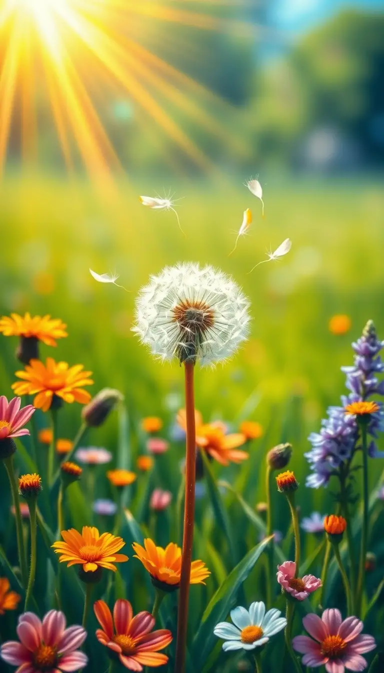Modern painting of a sunlit meadow with dandelion seeds