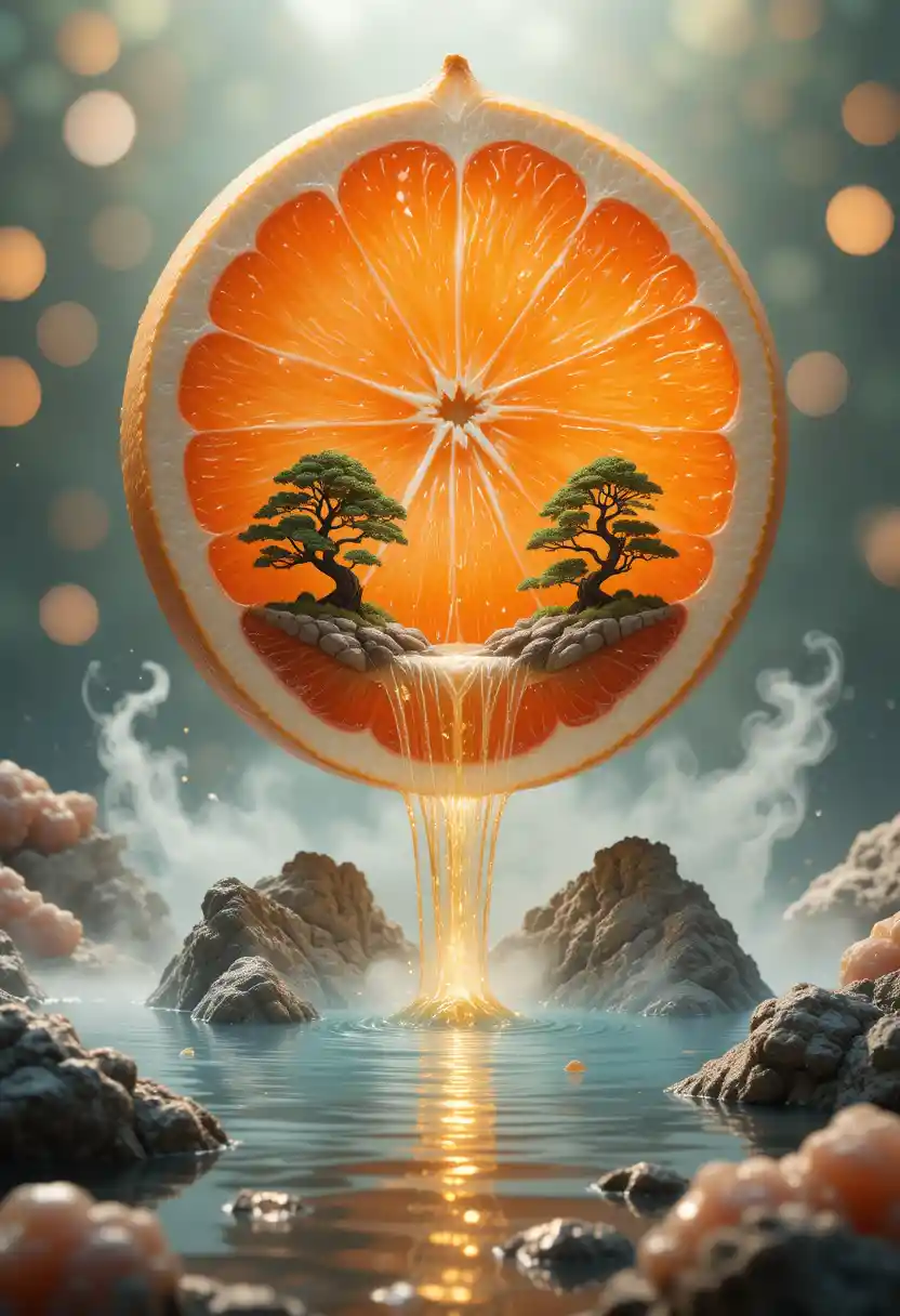 Paisaje surrealista 3D de pomelo vertiéndose en un estanque tranquilo