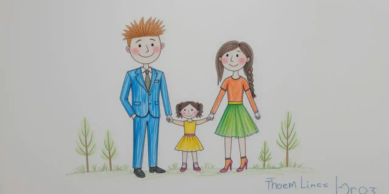 Illustrazione giocosa e disegnata a mano di una famiglia di tre