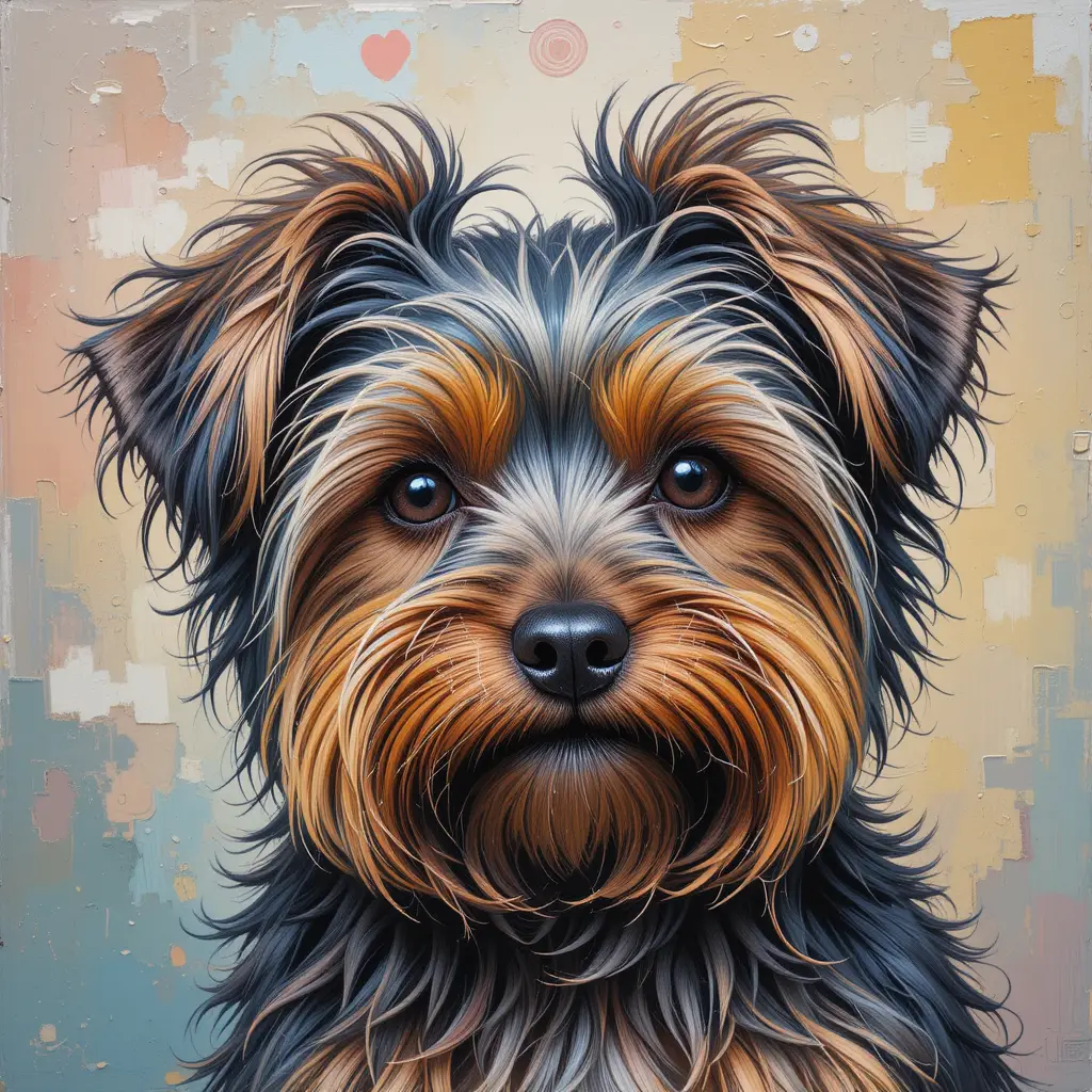 Colorful acrylic painting of a small yorkshire dog