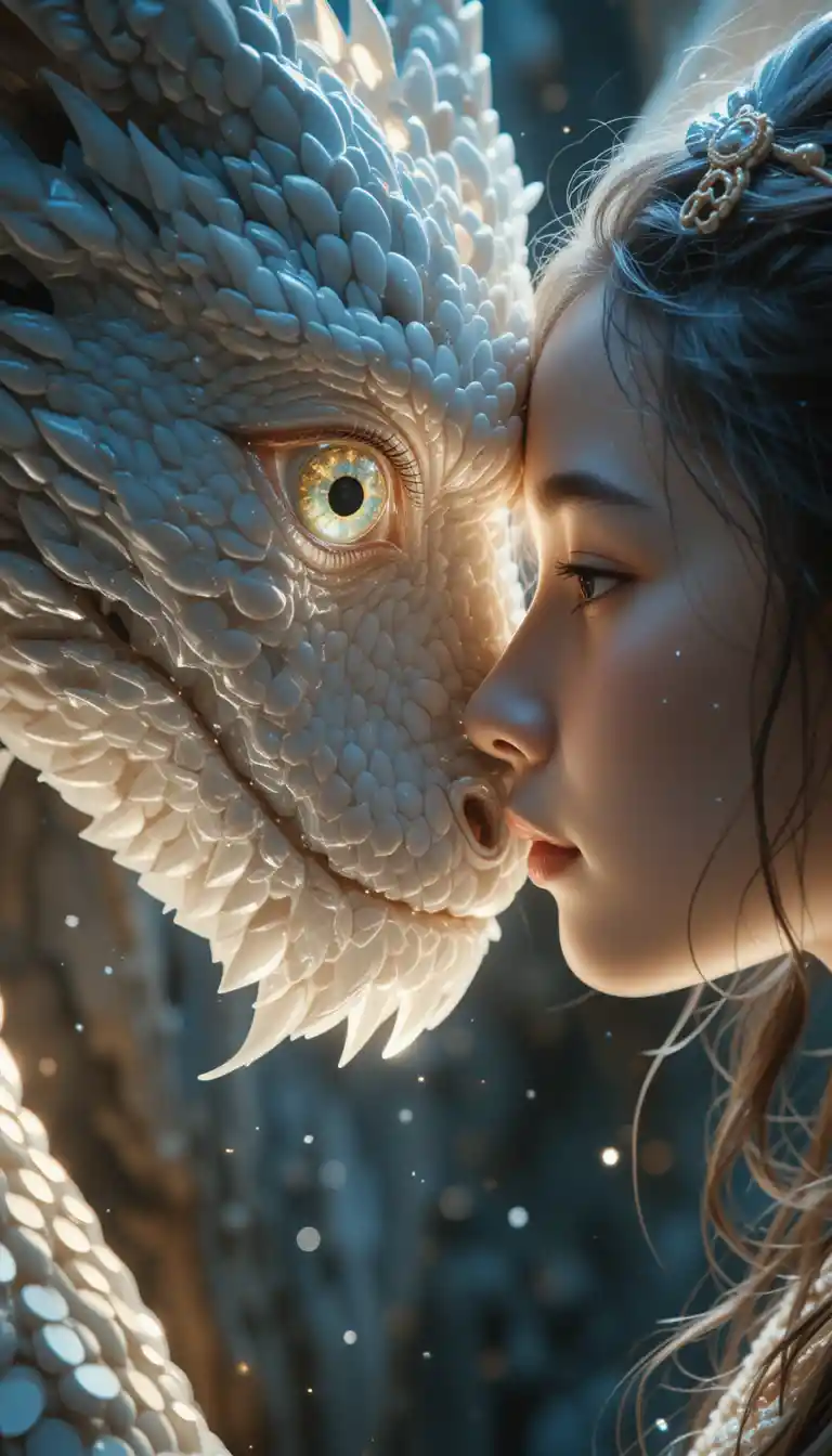 Girl and white dragon sharing a glowing close moment