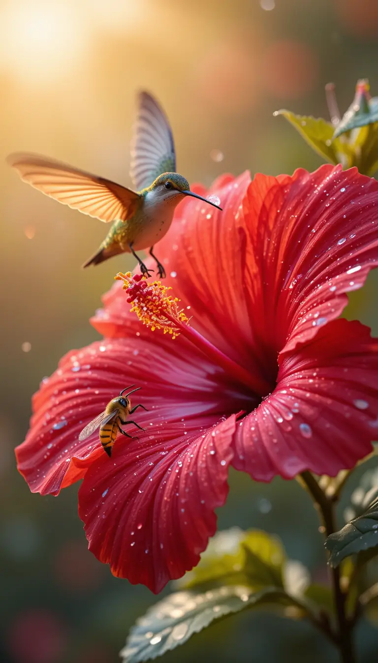 Hummingbird Feeding From Red Hibiscus With Dewdrops