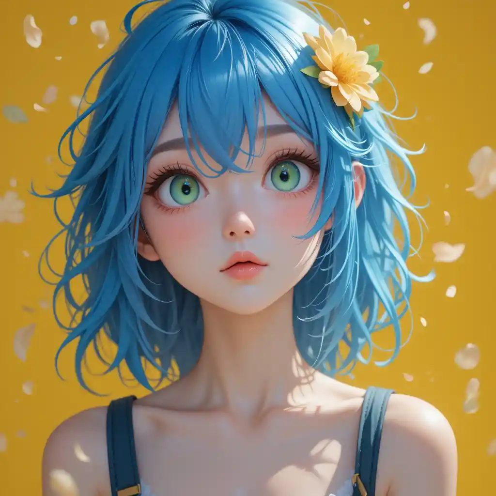 Anime girl portrait with blue hair and falling petals