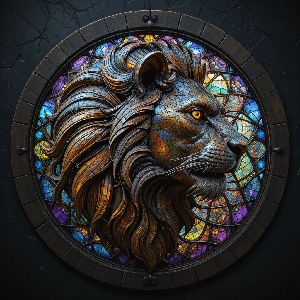 Roaring lion profile in glowing stained glass circle