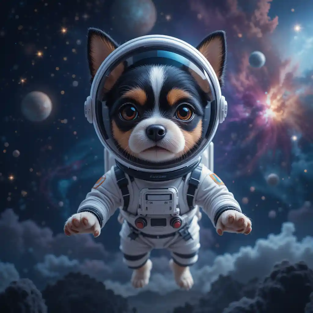 Small toy terrier astronaut floating in colorful space
