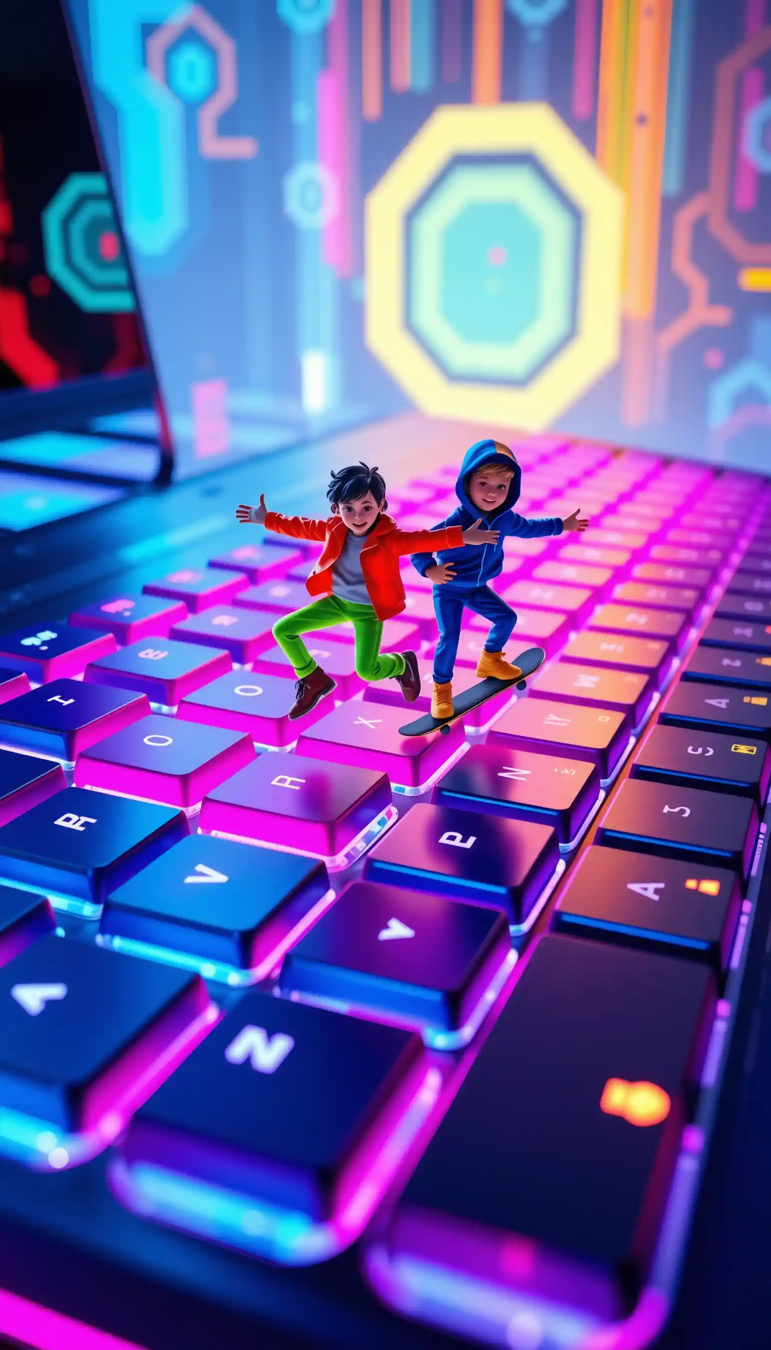 Personas en miniatura jugando sobre un teclado de neón gigante