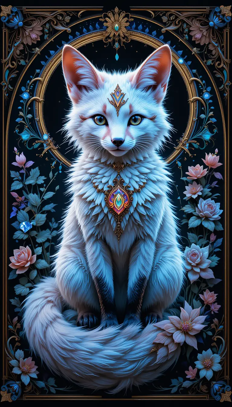 Kawaii white fox in luminous blacklight enamel painting
