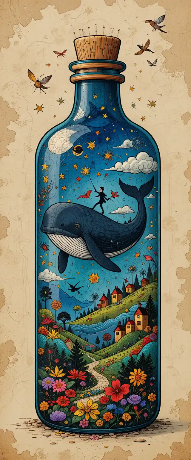 幻想海面上瓶中的天真卡通鯨魚