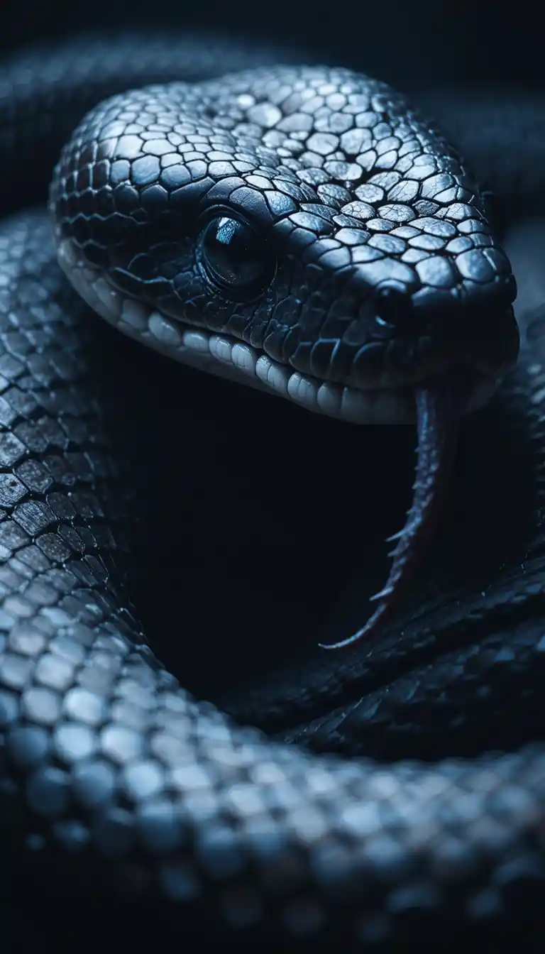 Close up black snake with glistening scales and tongue