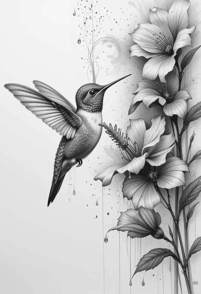 Pencil close up of a hummingbird with rainy flowers