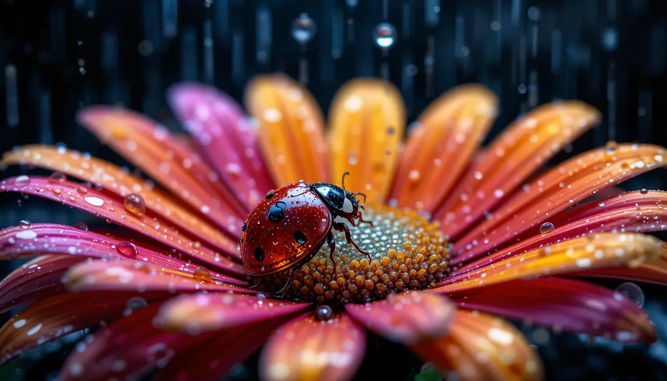 Crystal ladybug under colorful daisy in the rain