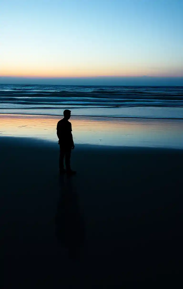 Lonely silhouette on a deserted beach at dusk