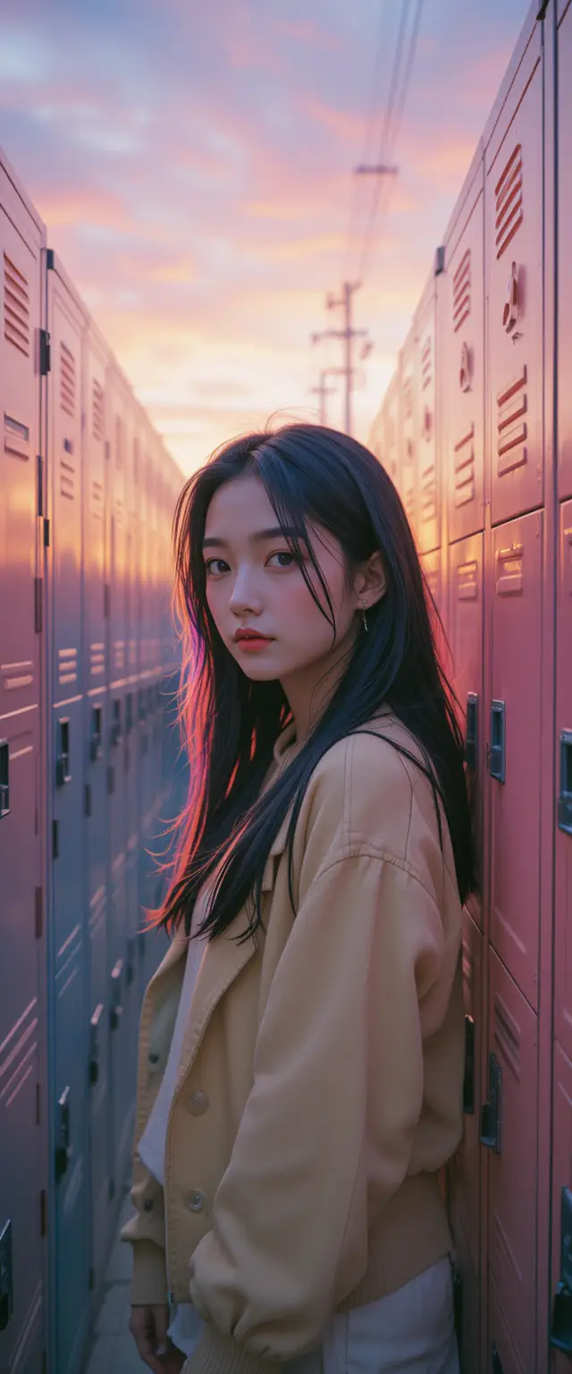 Teenage girl by school lockers at sunset in retro style