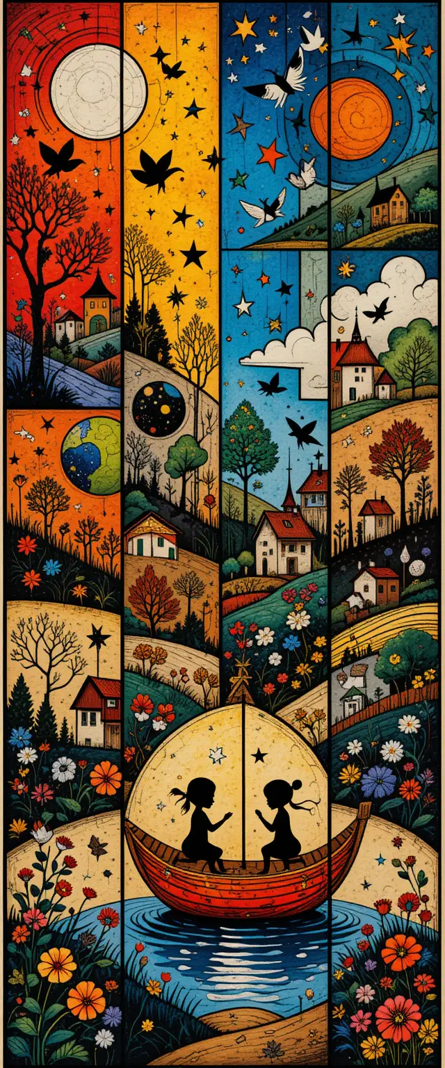 Playful children with paper boats in colorful panels
