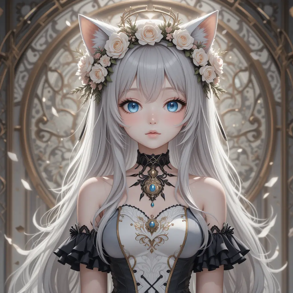Cute anime girl with silver hair and floral crown