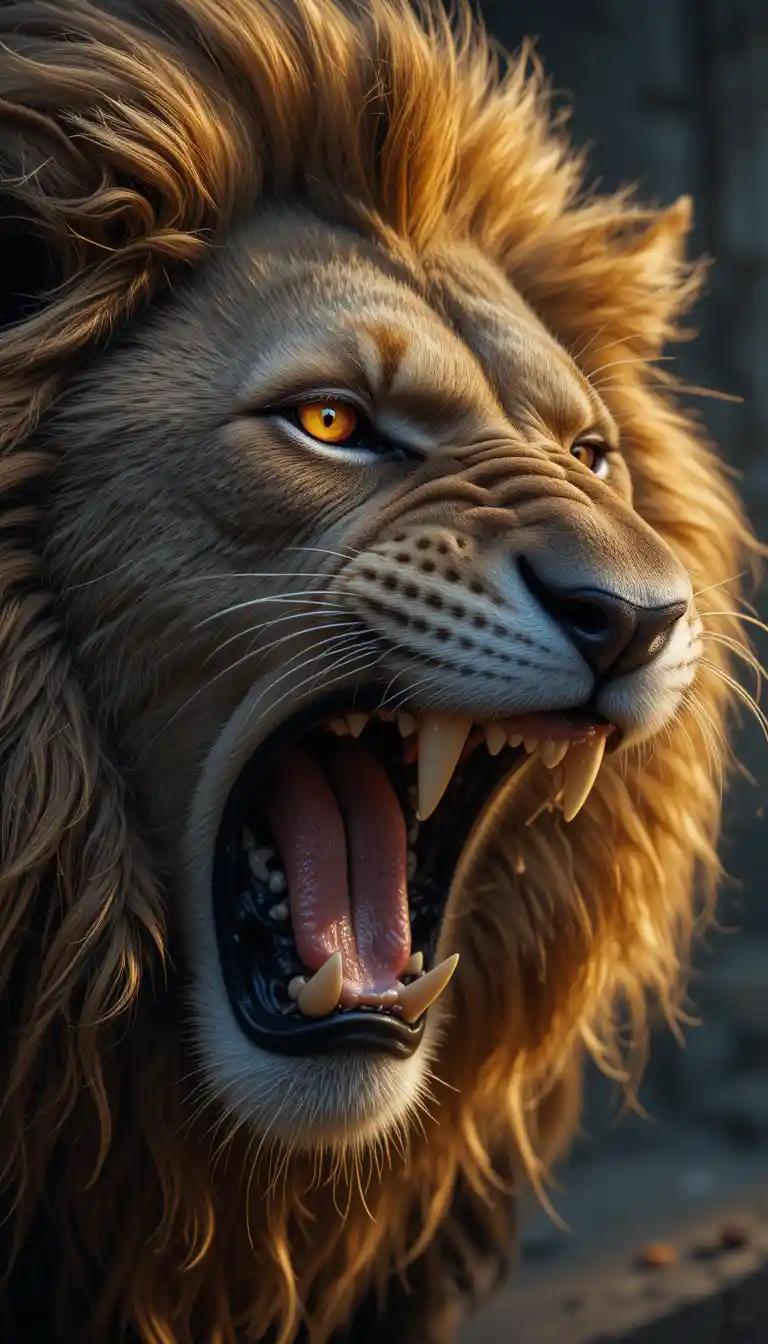 Close up of a snarling lion face with glowing eyes