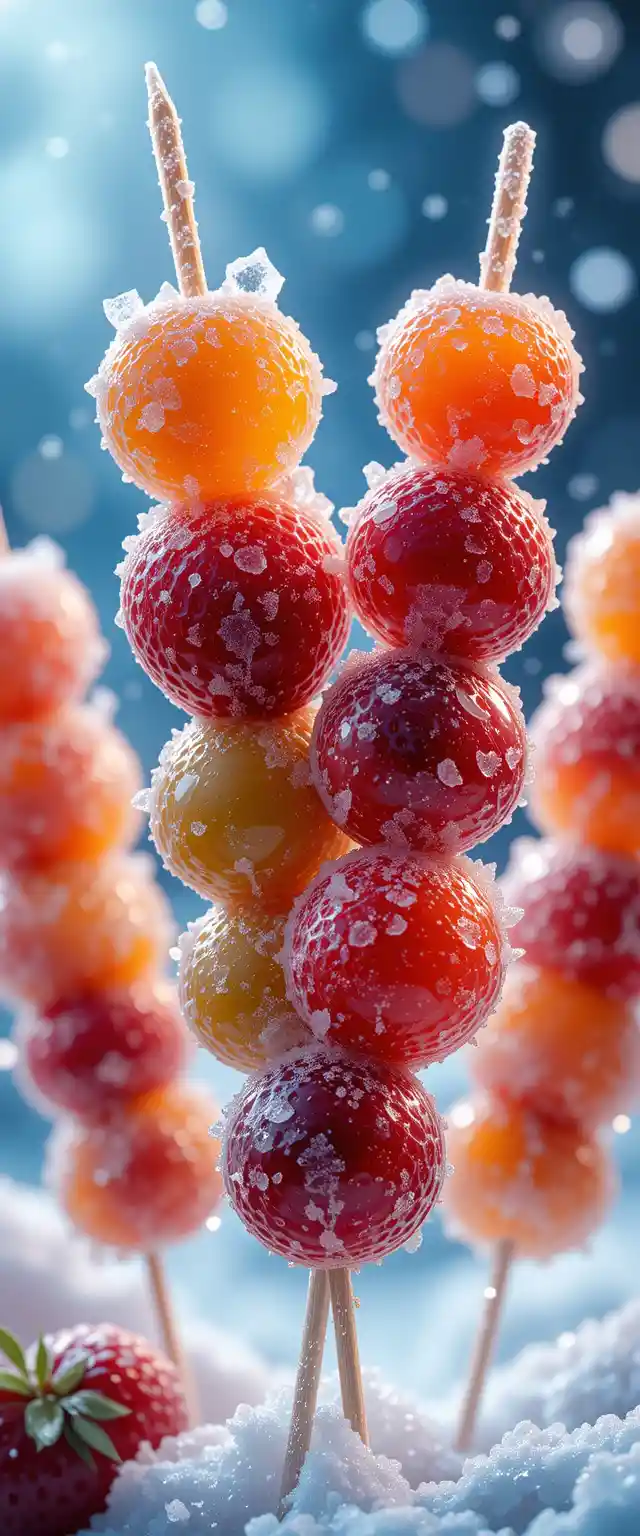 Frozen fruit skewer illustration with frosted ice crystals