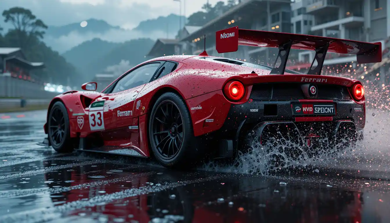Cinematic 3D close up of Ferrari race car on track
