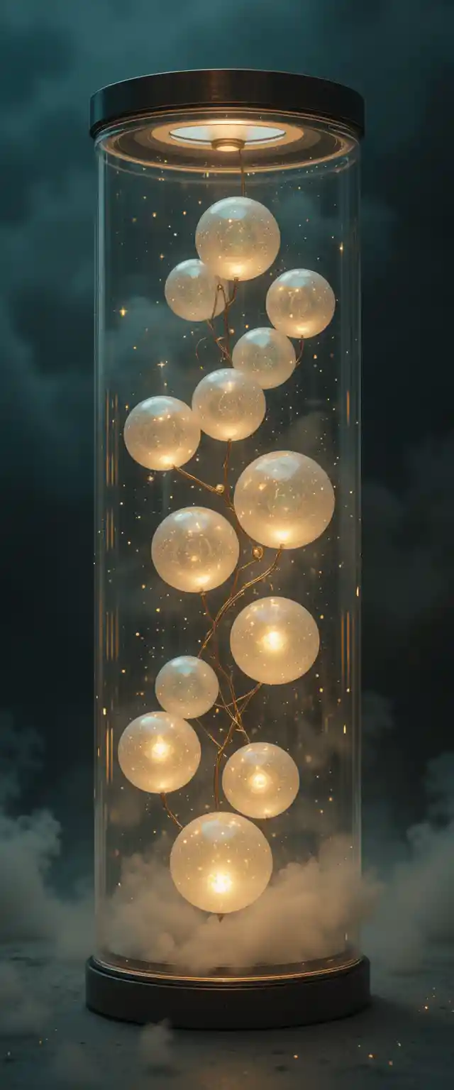Futuristic glass cylinder with glowing iridescent spheres