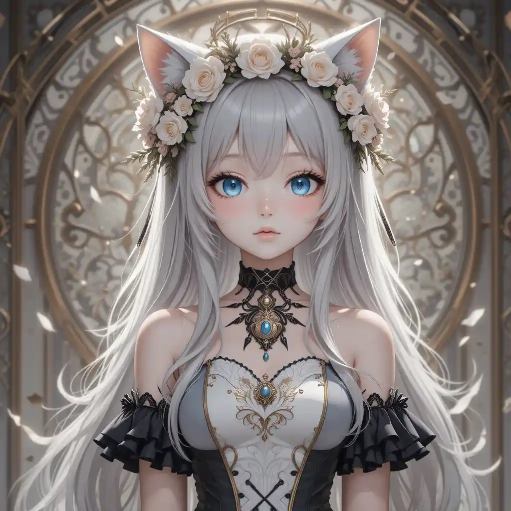 Cute anime girl with silver hair and floral crown