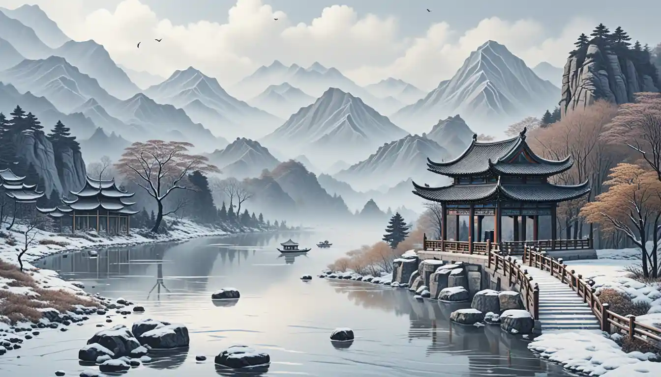 Pittura Tradizionale Cinese di Paesaggio di Montagne e Fiumi