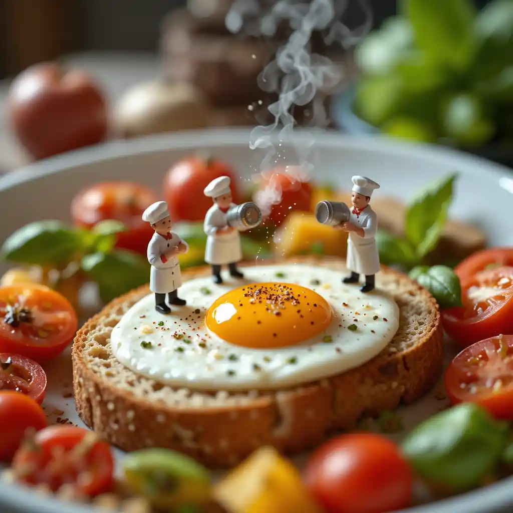 Tiny chefs cooking on rustic bread with fried egg