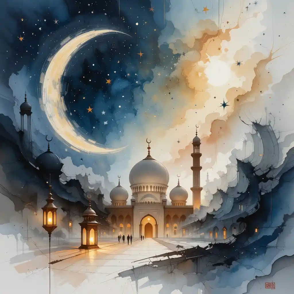 Abstract watercolor Ramadan scene with mosque and lanterns