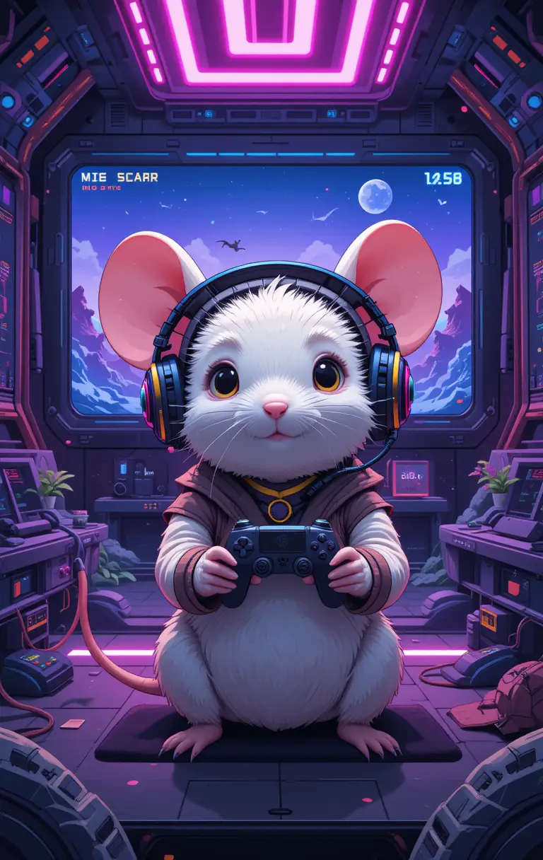 Cute gaming mouse in a neon virtual world illustration