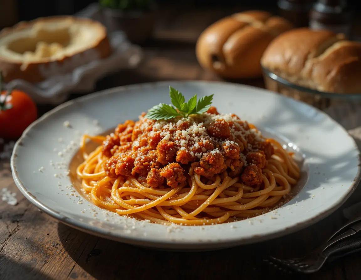 Moody food photograph of bolognese spaghetti with strong shadows