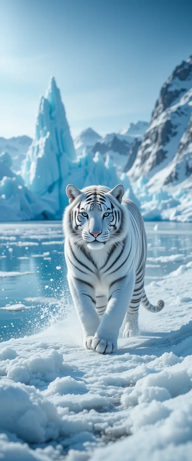 White tiger running beside a frozen glacial lake