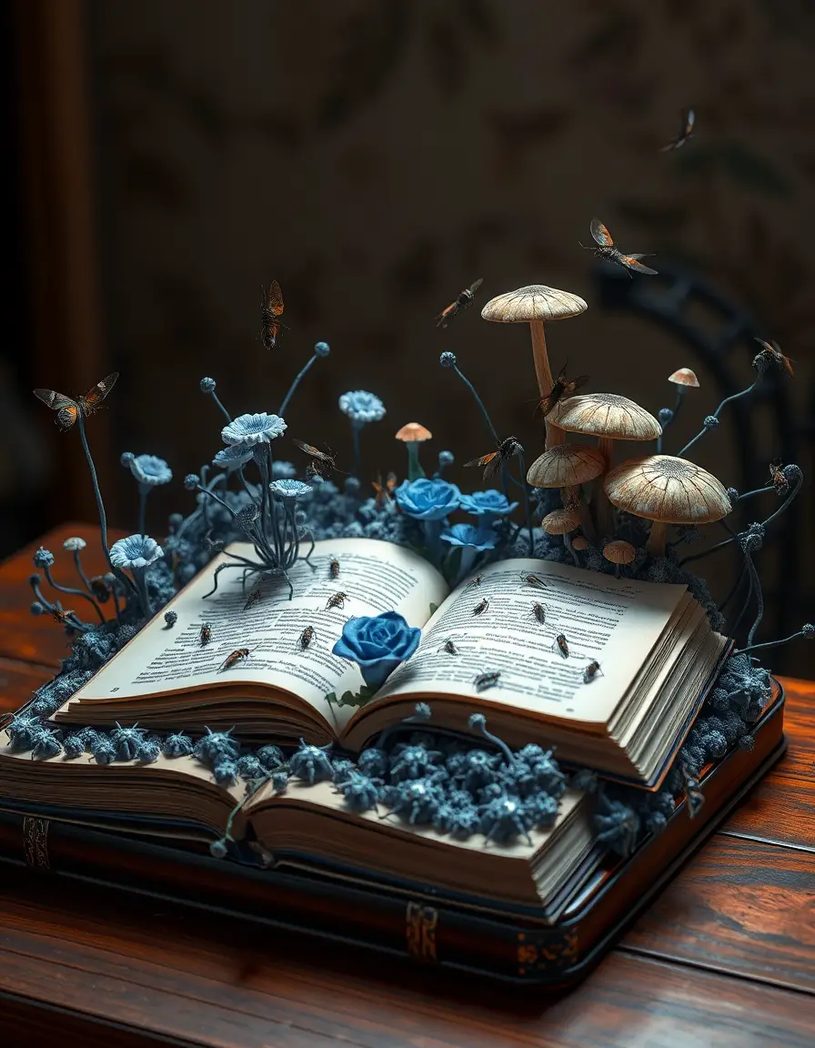 Open book on a table in a surreal alien forest