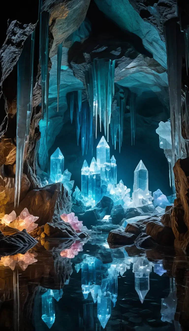 Majestic Crystal Cave With Glowing Throne And Shimmering Pools