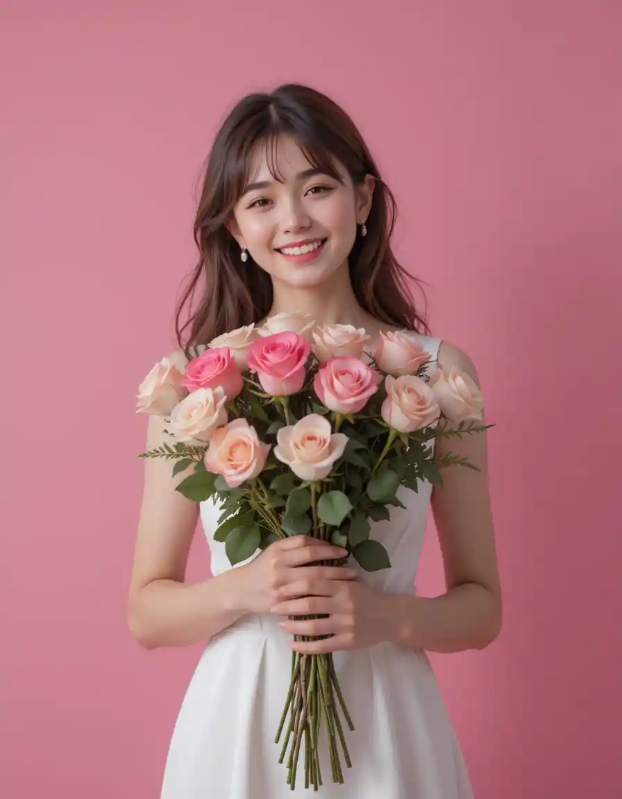 Smiling girl holding roses against soft pink backdrop