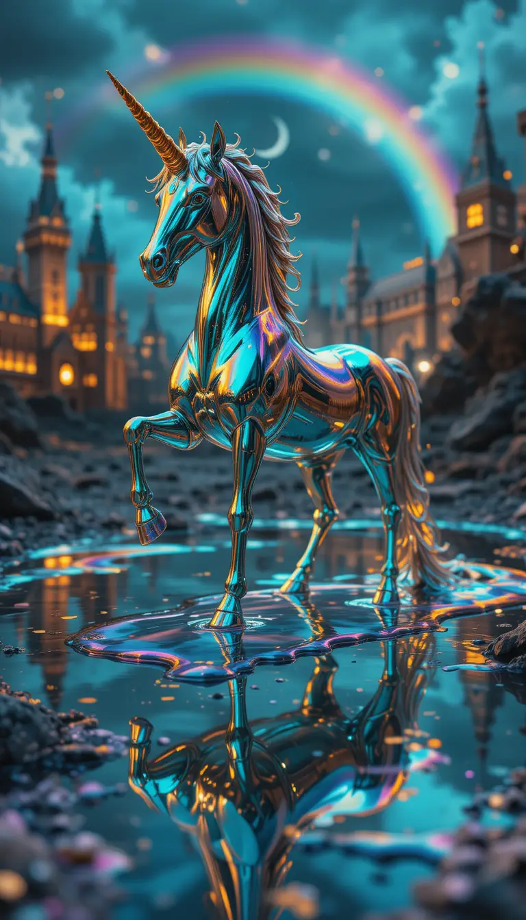 Surreal macro view of a melting liquid mercury unicorn