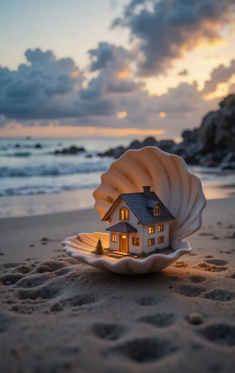 Cozy house in a seashell on a twilight beach